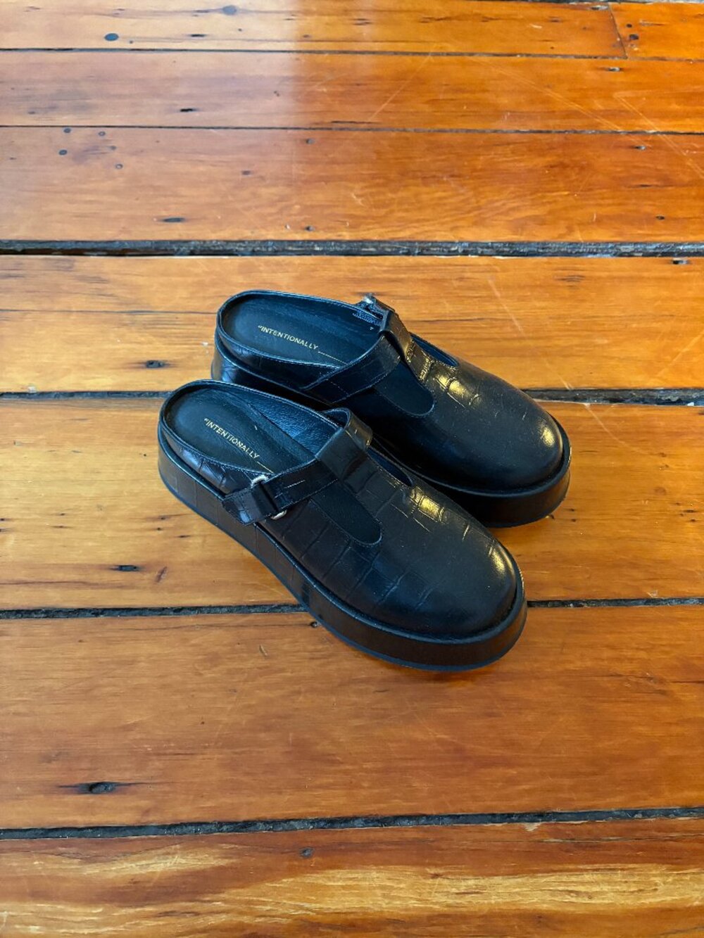 Intentionally Blank Reception Flatform Mule Faux Croc Leather